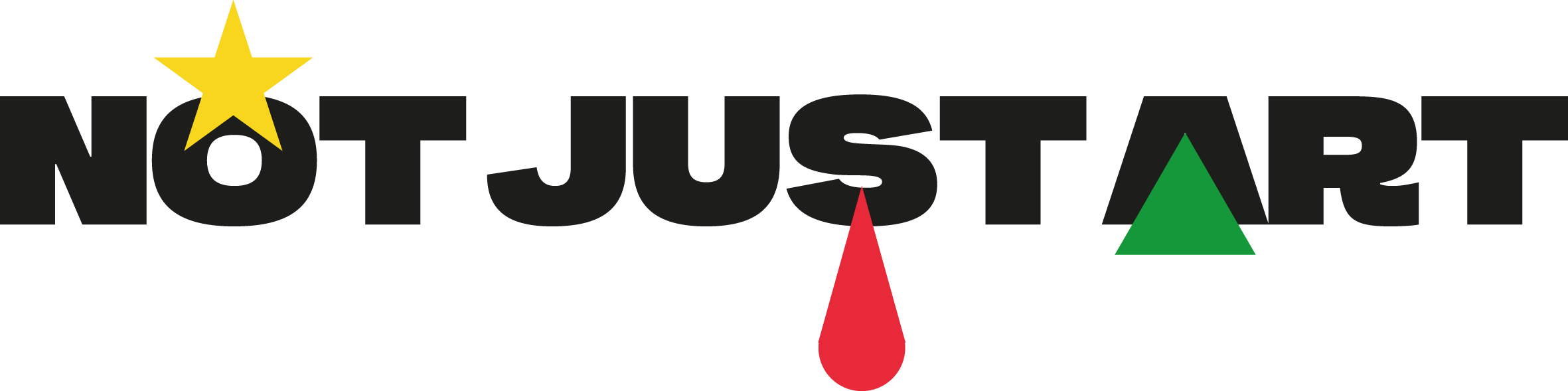 "NOT JUST ART" logo med en gul stjerne, en rød blodråbe og en grøn trekant spredt udover navnet skrevet med blokbogstaver.